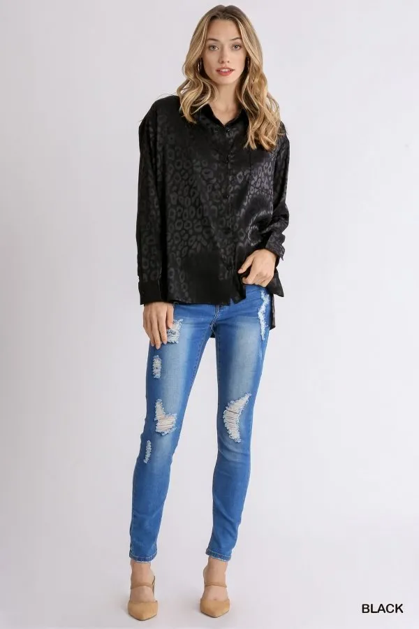 Animal jacquard print button up long sleeve top with chest pocket and side slit