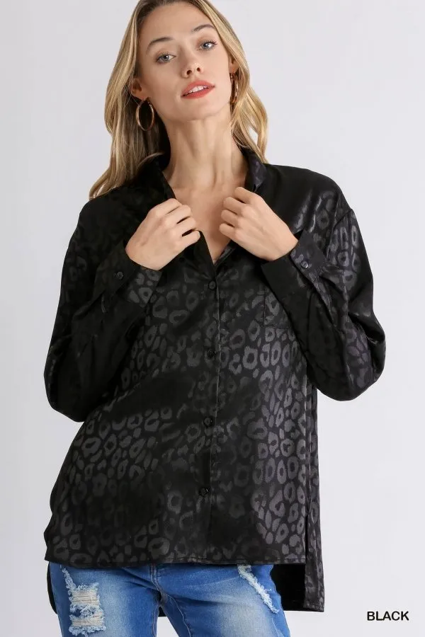 Animal jacquard print button up long sleeve top with chest pocket and side slit