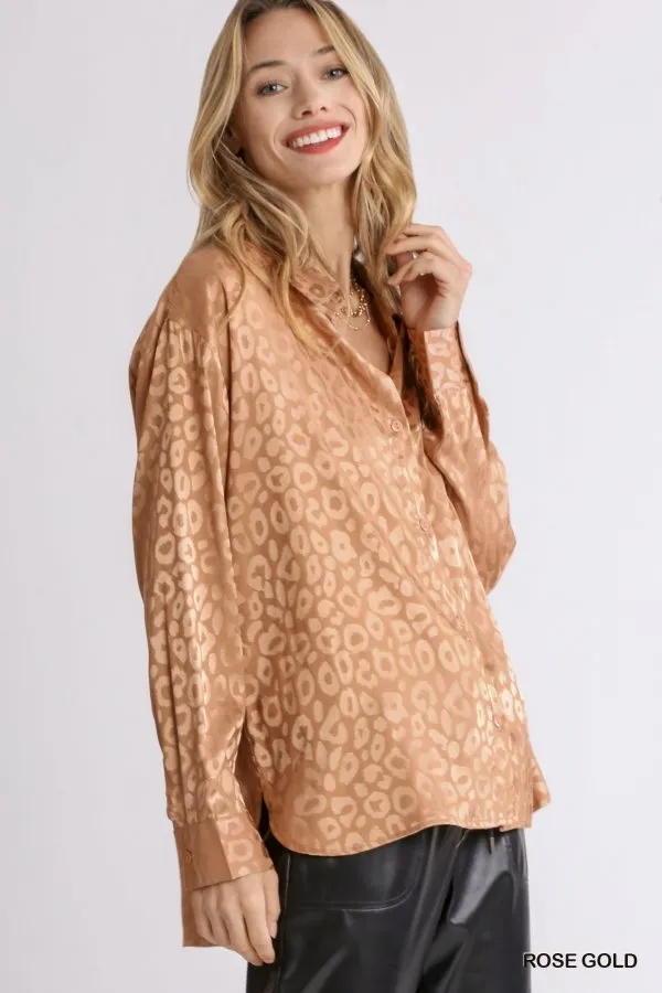 Animal jacquard print button up long sleeve top with chest pocket and side slit