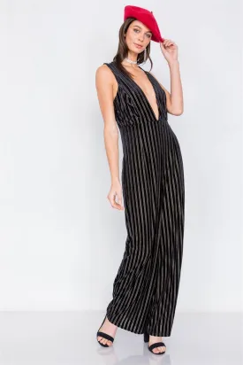 Black & Olive Silver Sheer Velvet Stripe V-Neck Chic Jumpsuit /2-2-2