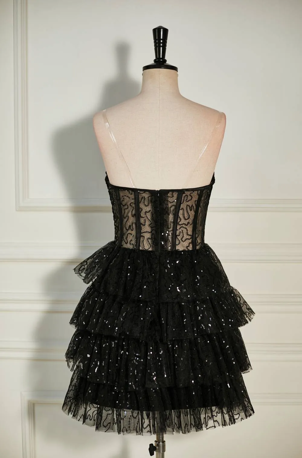 Black Sequined Strapless Multi-Layers Tulle Homecoming Dress