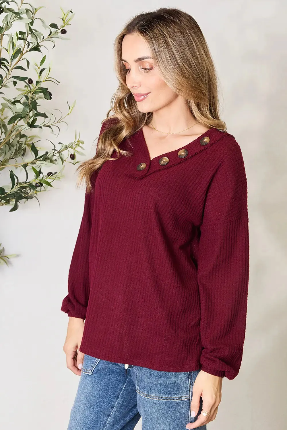 Buttoned V-Neck Long Sleeve Blouse