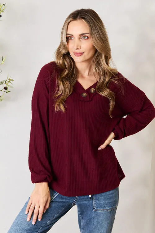 Buttoned V-Neck Long Sleeve Blouse