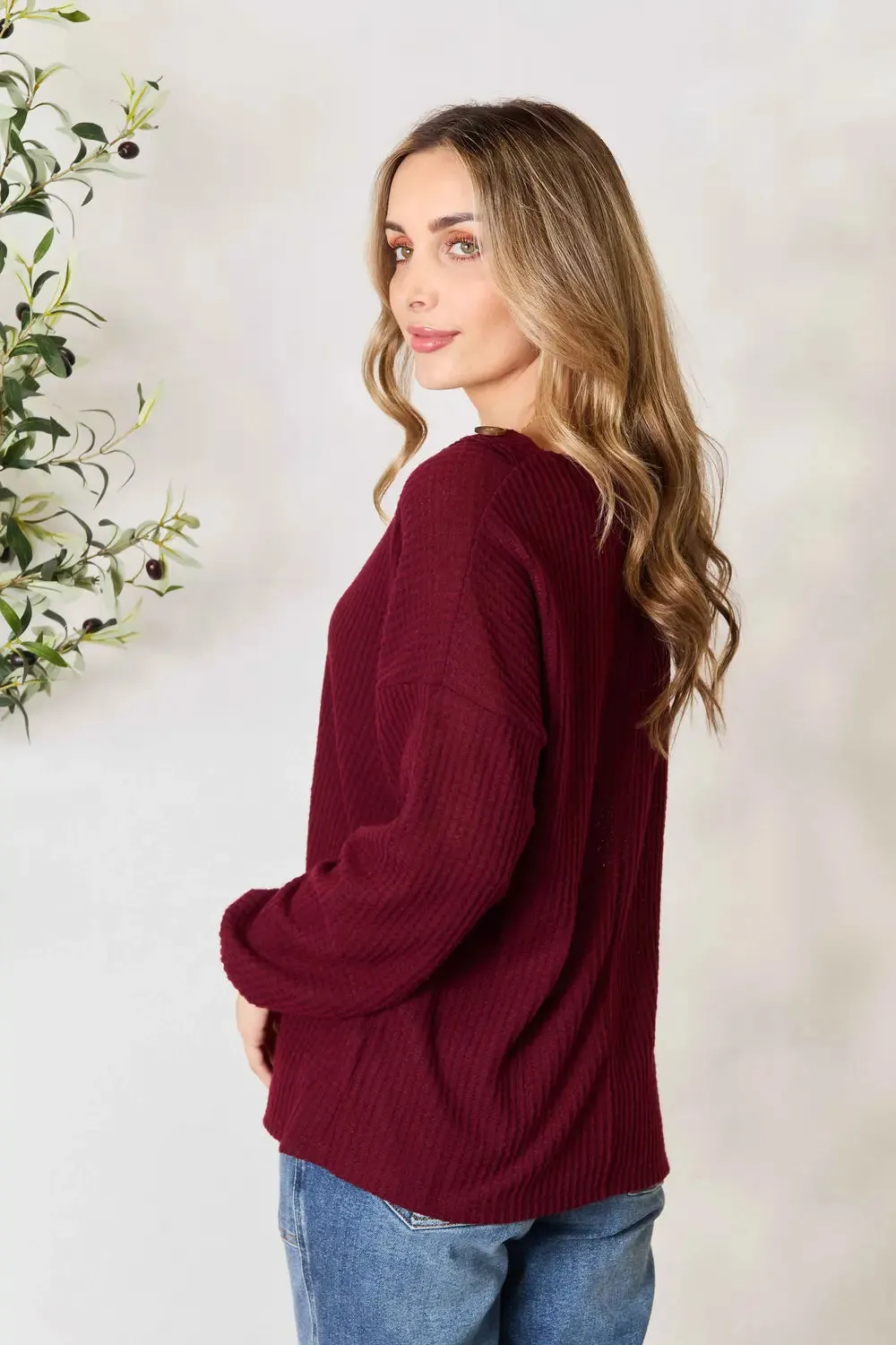 Buttoned V-Neck Long Sleeve Blouse