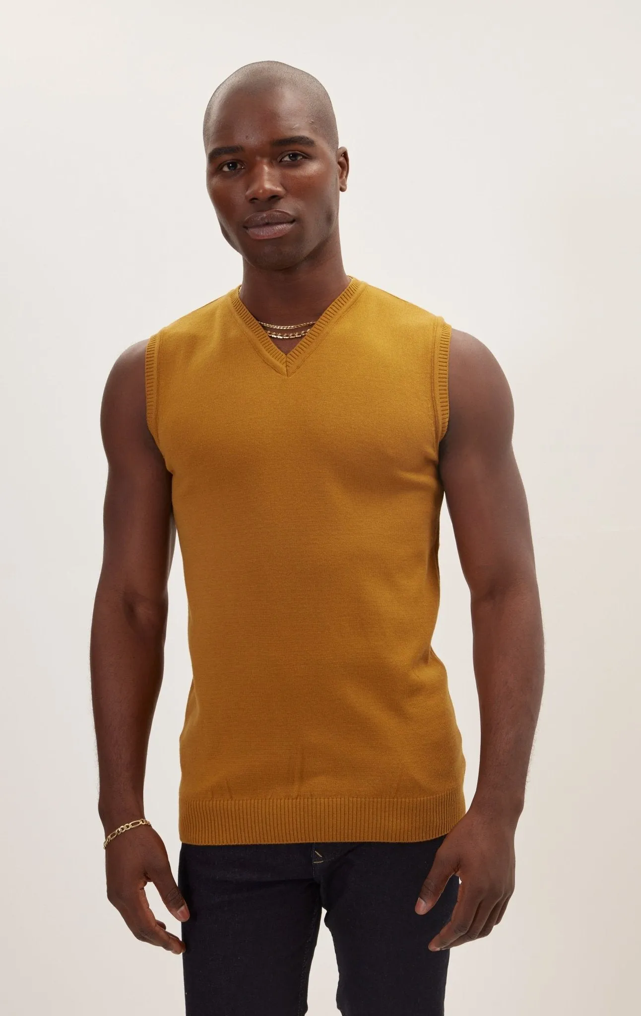 Classic V-Neck Knitted Vest - Mustard