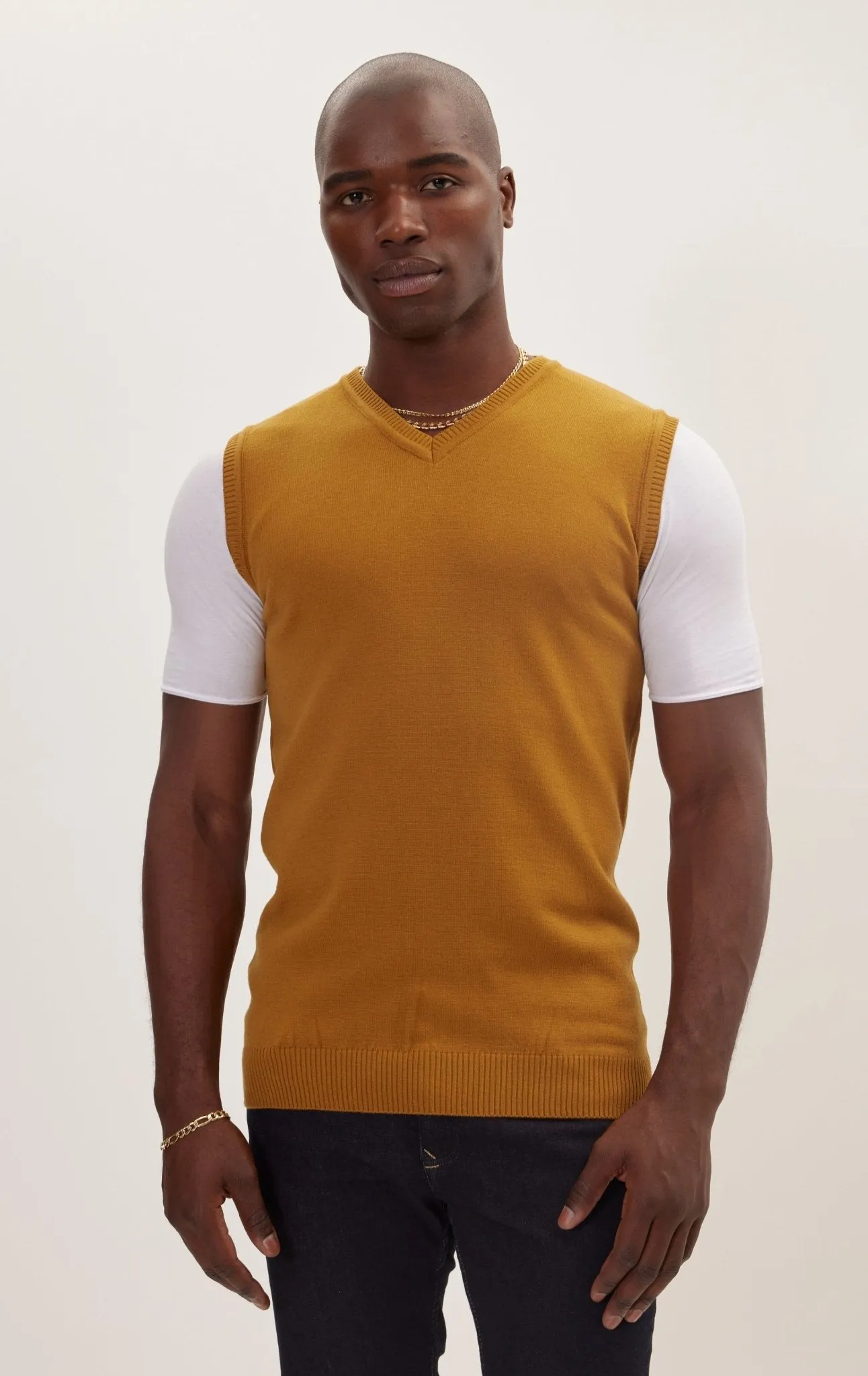 Classic V-Neck Knitted Vest - Mustard