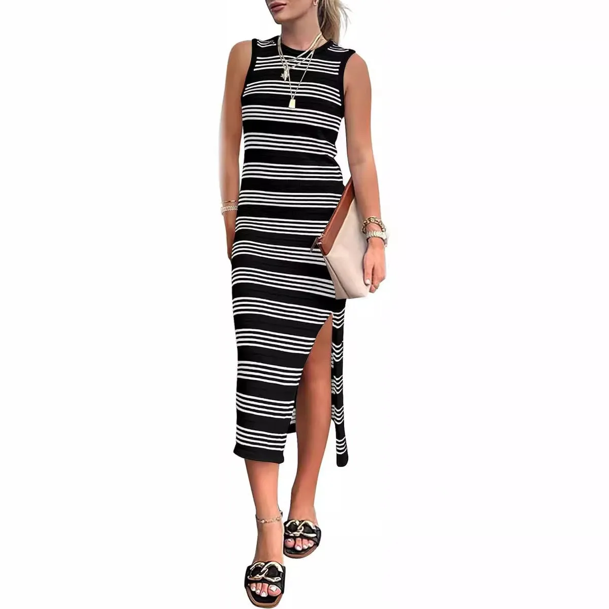 DEANWANGKT Hot European and American Summer Casual Mid-Length Sleeveless Hollow Knitted Side Slit Striped Vest Dress