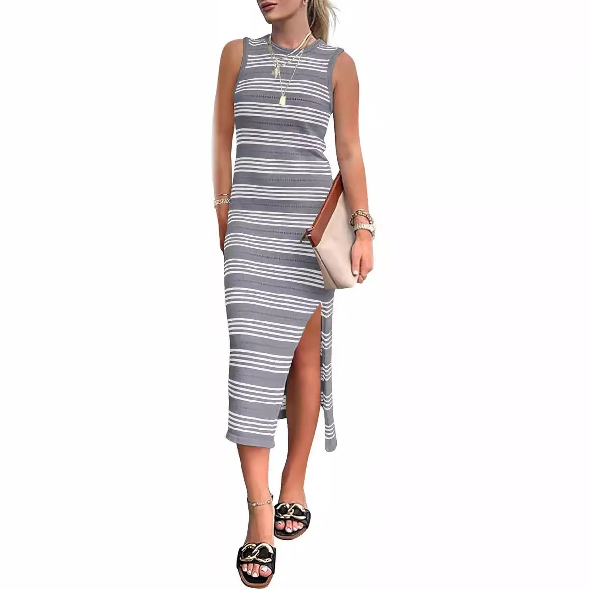 DEANWANGKT Hot European and American Summer Casual Mid-Length Sleeveless Hollow Knitted Side Slit Striped Vest Dress