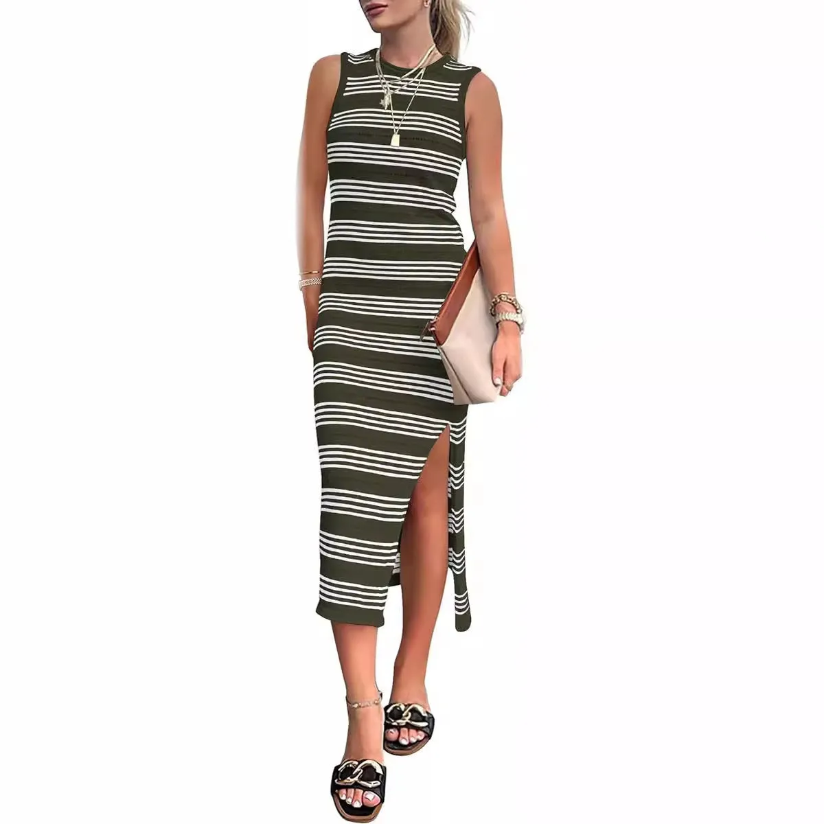 DEANWANGKT Hot European and American Summer Casual Mid-Length Sleeveless Hollow Knitted Side Slit Striped Vest Dress