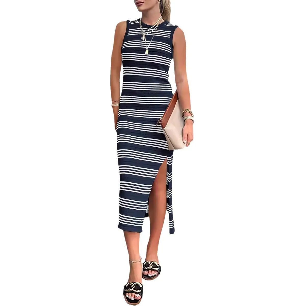 DEANWANGKT Hot European and American Summer Casual Mid-Length Sleeveless Hollow Knitted Side Slit Striped Vest Dress