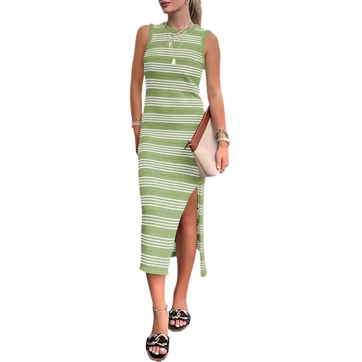 DEANWANGKT Hot European and American Summer Casual Mid-Length Sleeveless Hollow Knitted Side Slit Striped Vest Dress