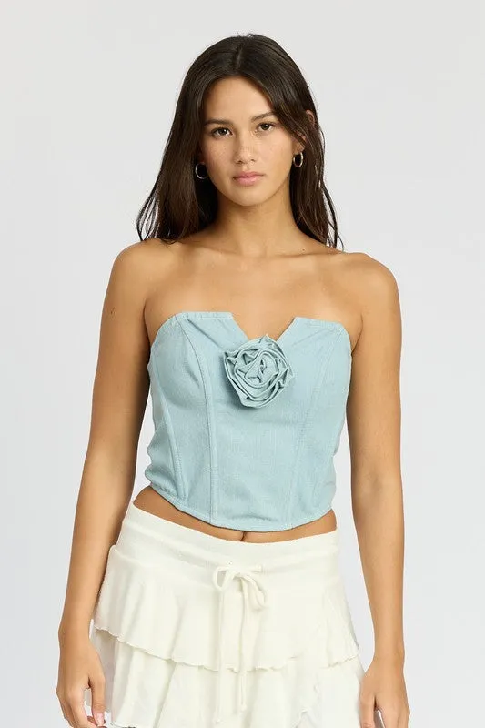 DENIM ROSETTE CORSET TUBE TOP