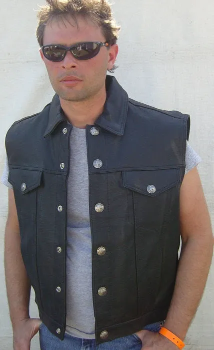 Denim Style Leather Vest - Motorcycle Levi style