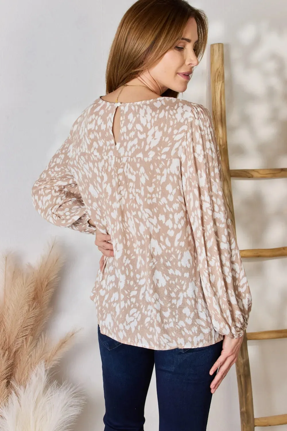 Embroidered Printed Balloon Sleeve Blouse