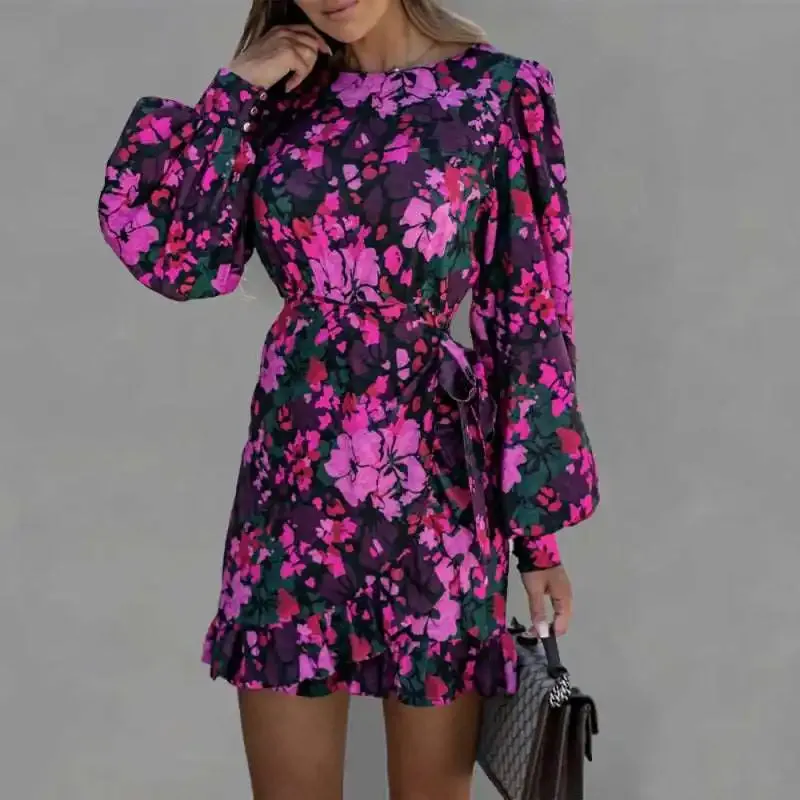 Fashion Sexy Printed Round Neck Tie Waist Long Sleeve Dress