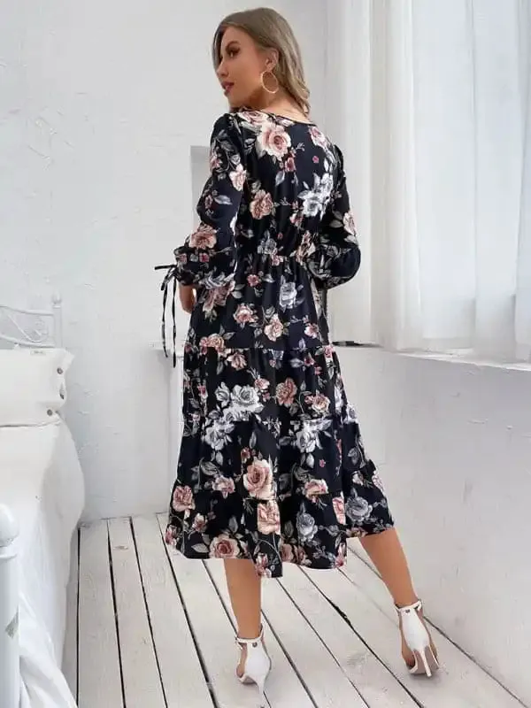 Floral Dress Summer Temperament Elegant Waist Short Sleeve Long Dress