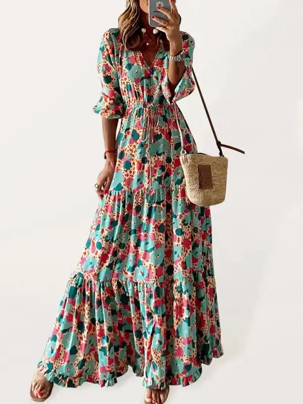 Floral Dress Summer Temperament Elegant Waist Short Sleeve Long Dress