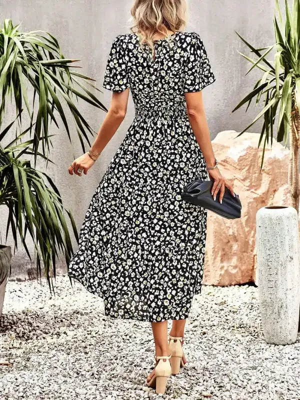 Floral Dress Summer Temperament Elegant Waist Short Sleeve Long Dress