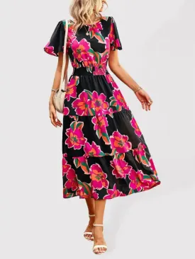 Floral Dress Summer Temperament Elegant Waist Short Sleeve Long Dress