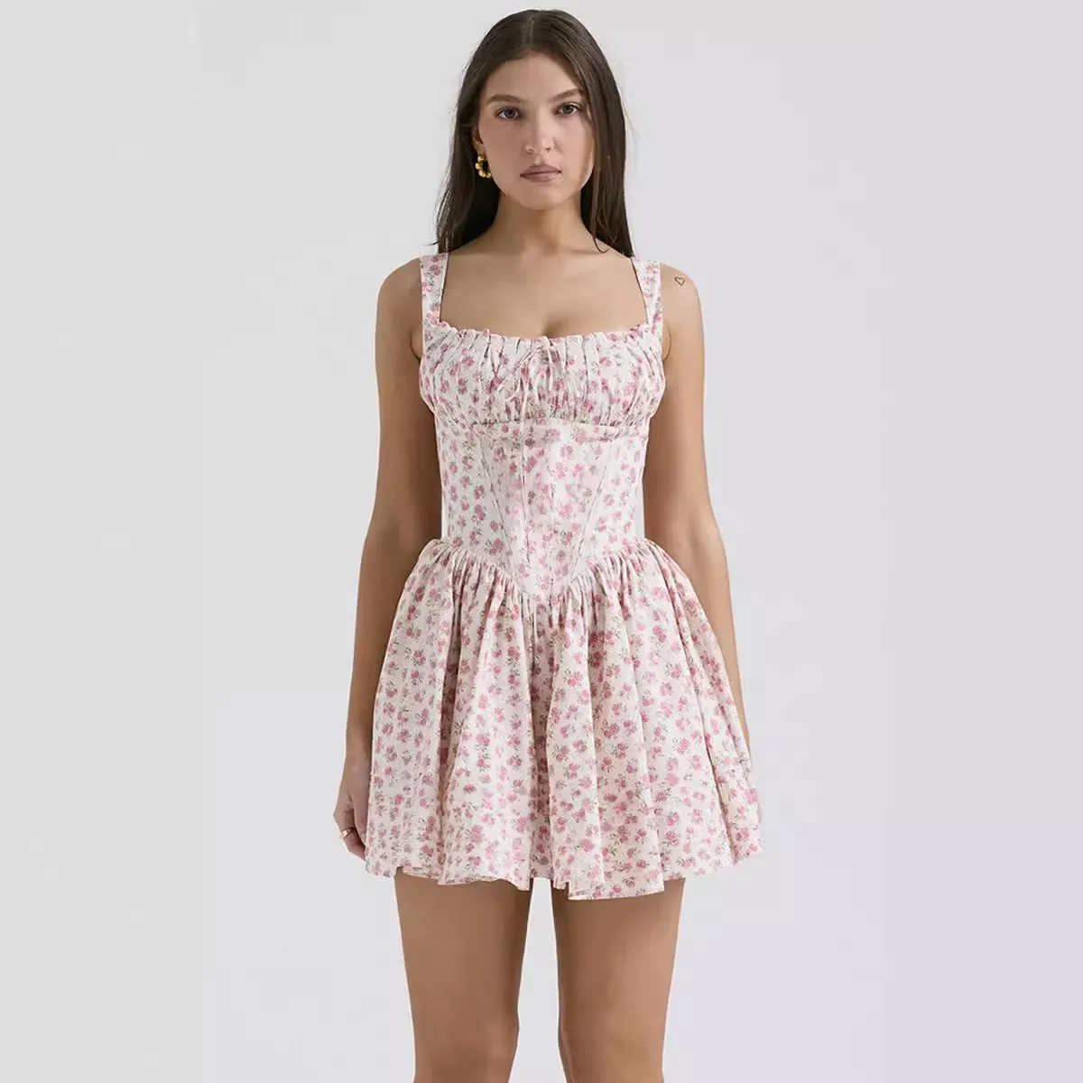 Floral Print Slim Fit Ballet-style Spaghetti Strap Mini Dress