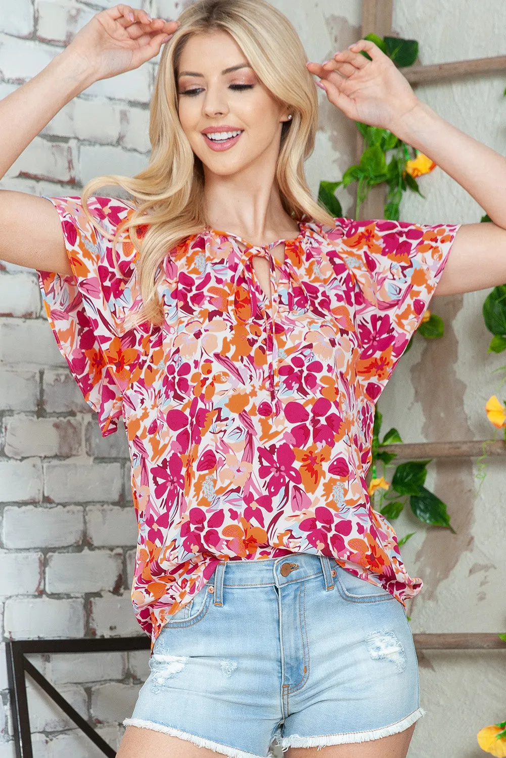 Floral Tie Neck Flutter Sleeve Blouse