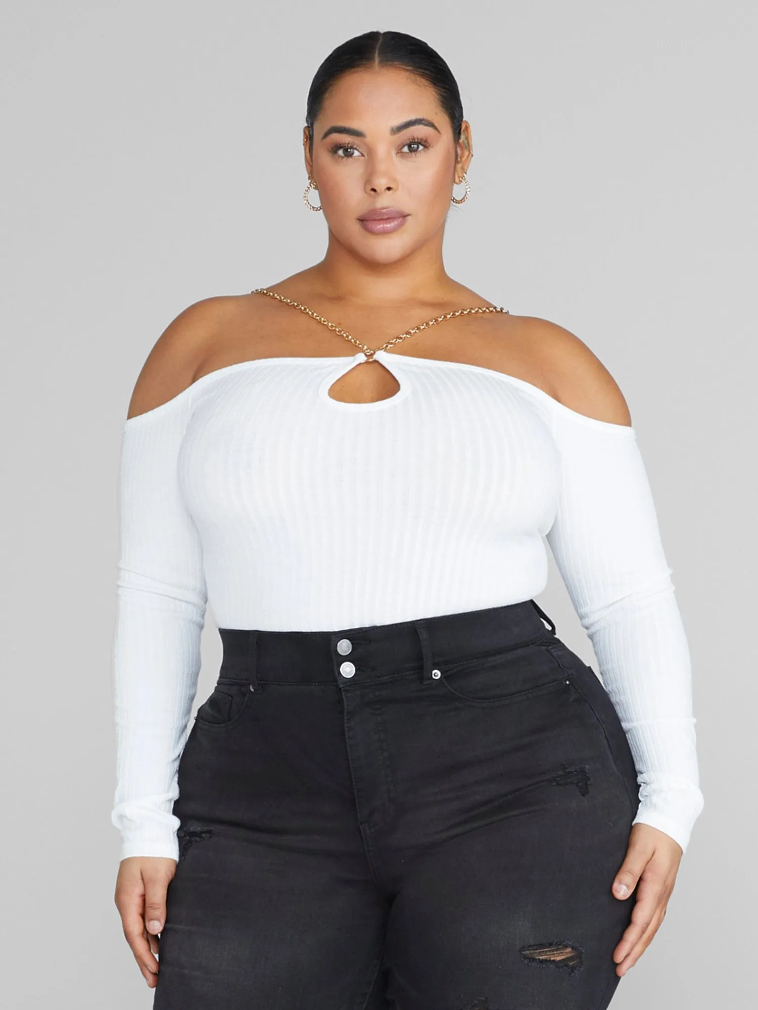 Janine Off-The-Shoulder Chain Strap Knit Top