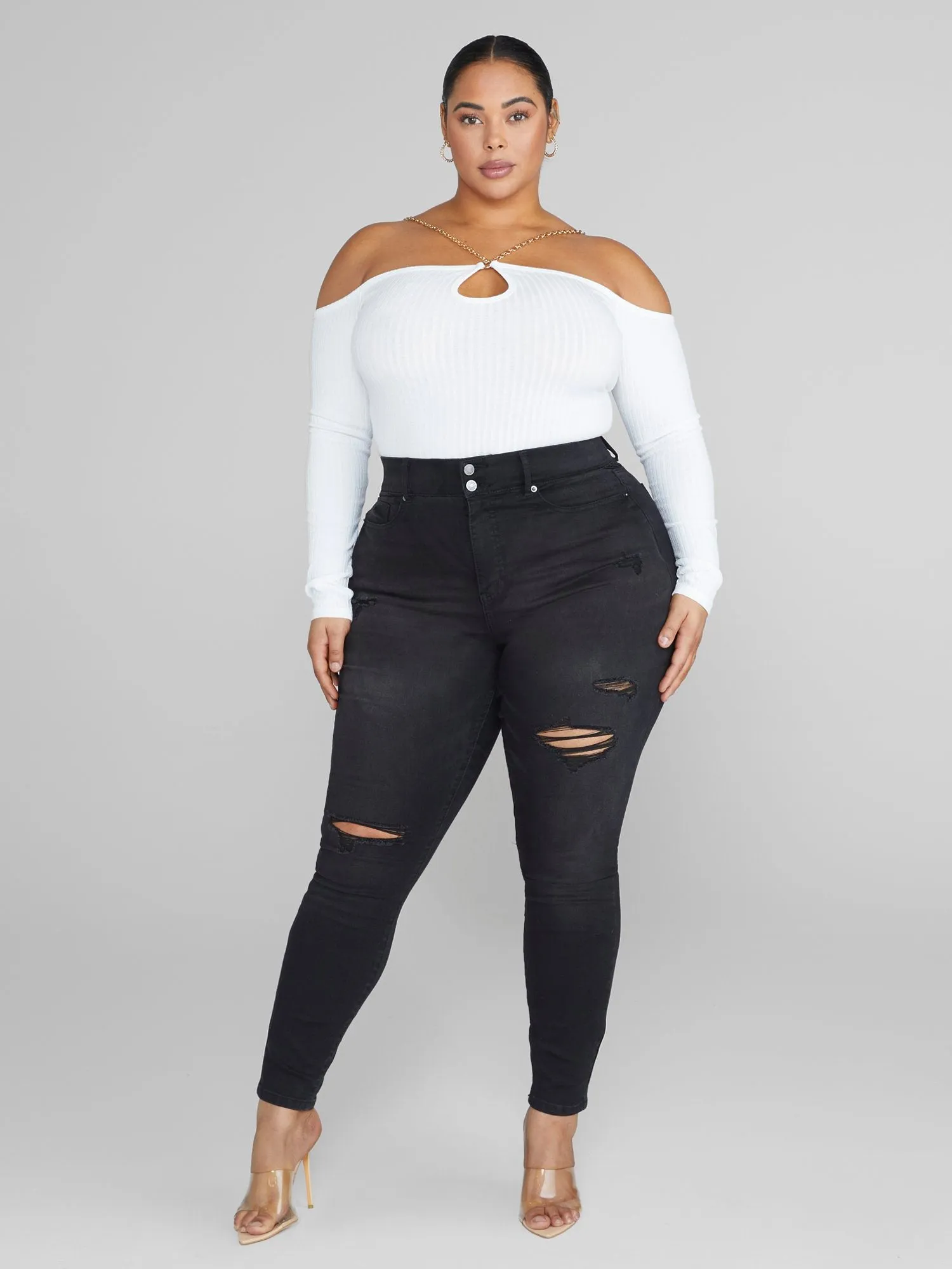 Janine Off-The-Shoulder Chain Strap Knit Top