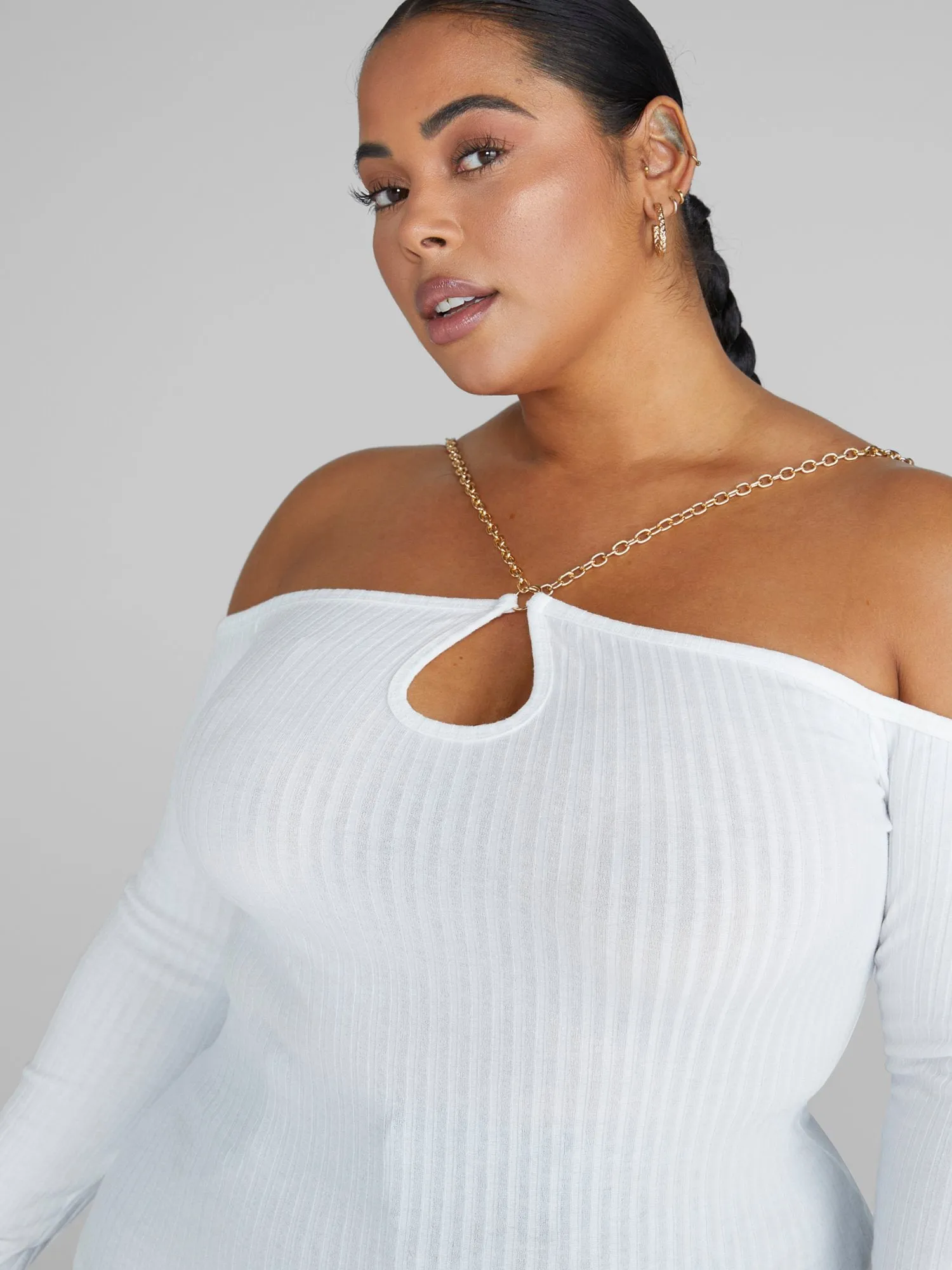 Janine Off-The-Shoulder Chain Strap Knit Top