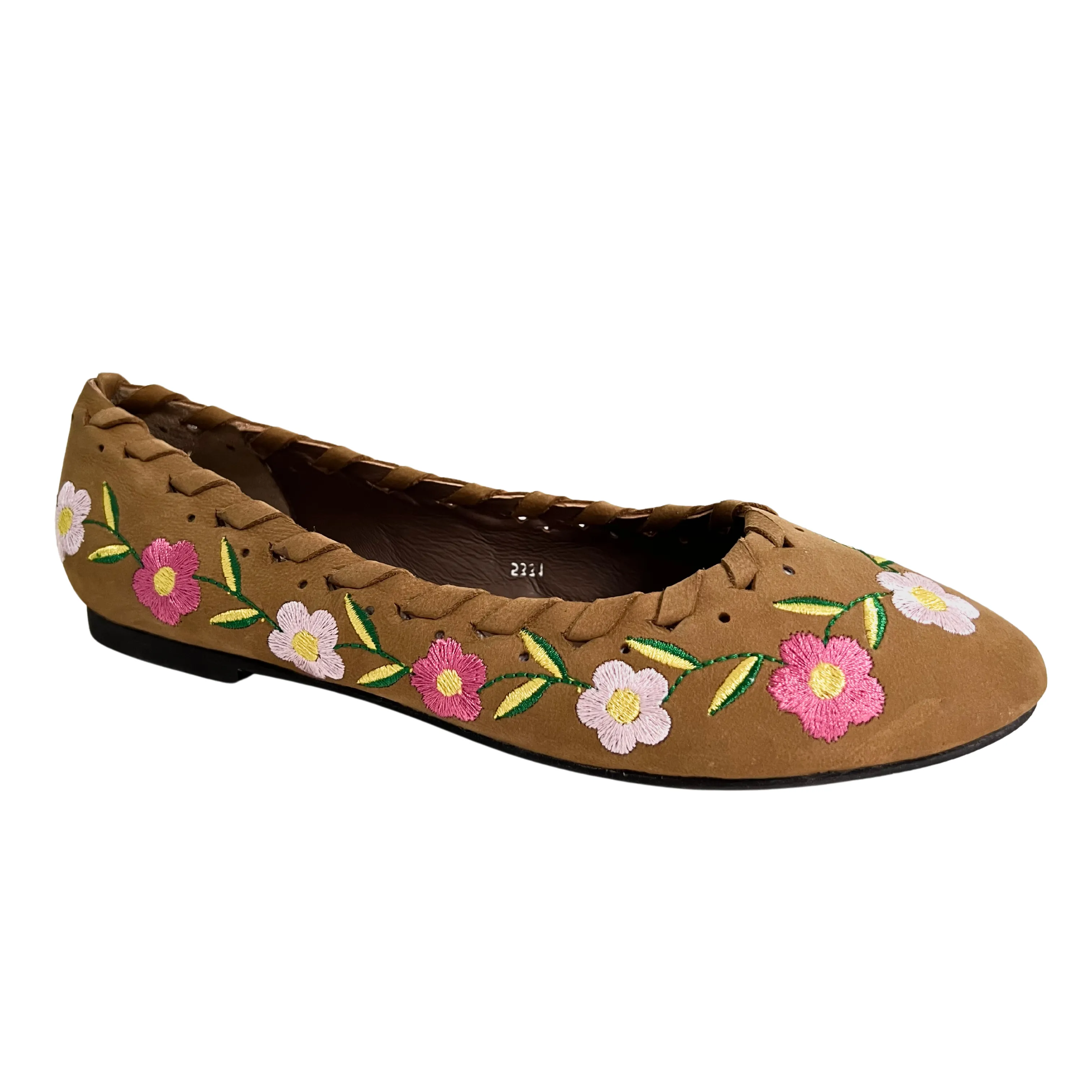 June Tan leather Flower embroidered Ballerina