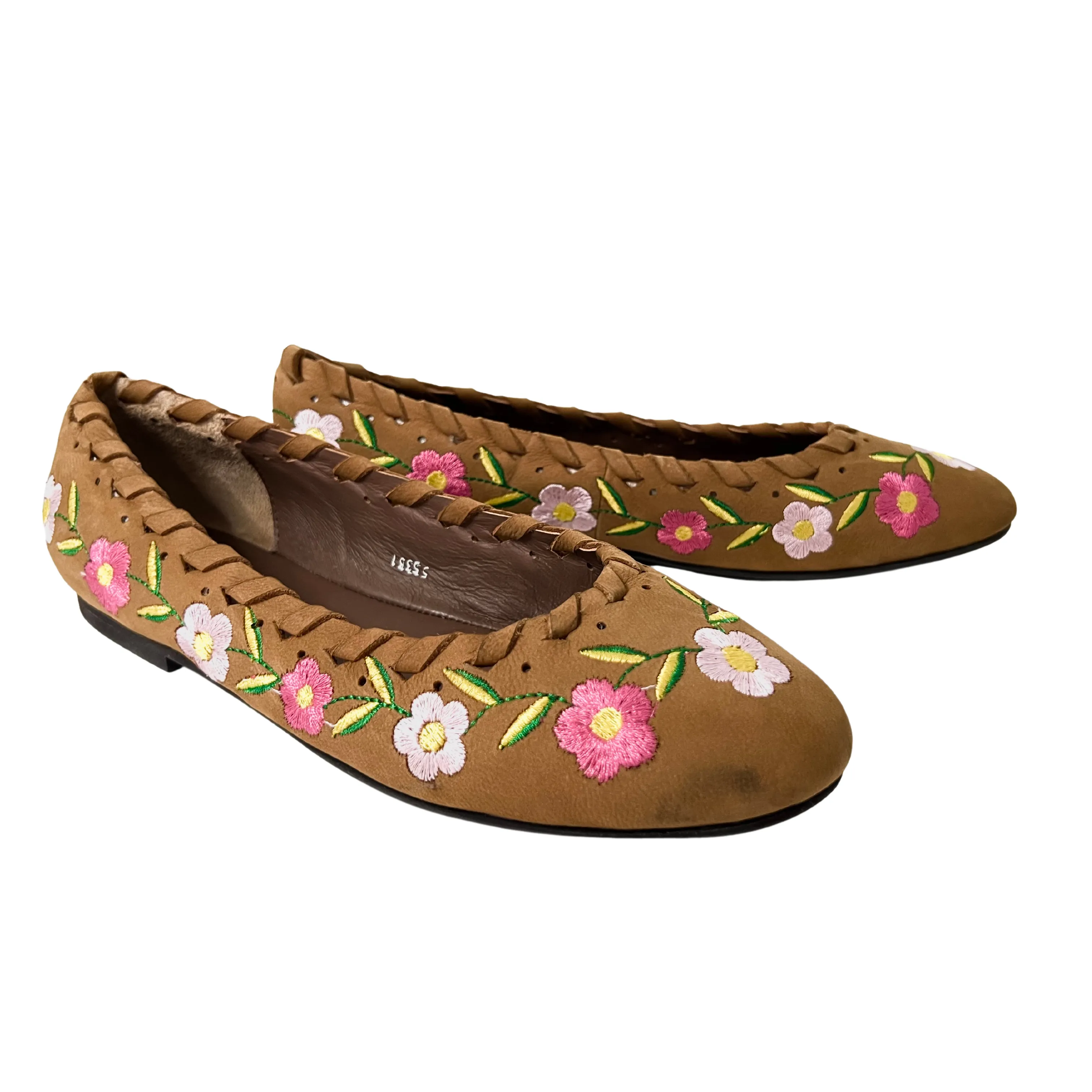 June Tan leather Flower embroidered Ballerina