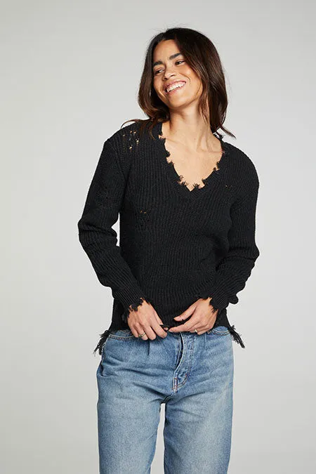 Long Sleeve V-Neck Deconstructed Sweater