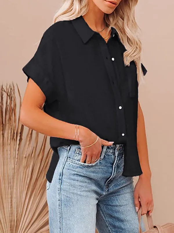 Loose Short Sleeves Pleated Lapel Blouses&Shirts Tops