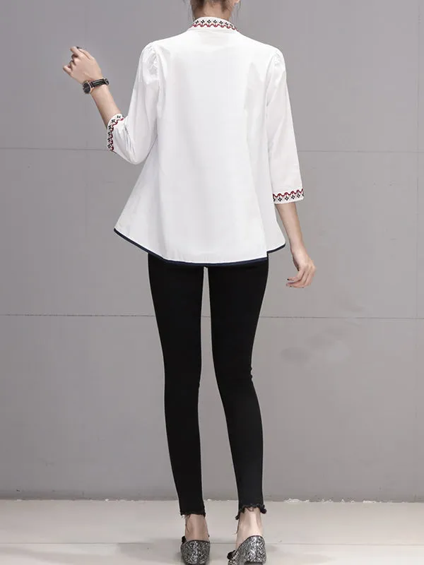 Loose Three-Quarter Sleeves Buttoned Embroidered Stand Collar Blouses&Shirts Tops