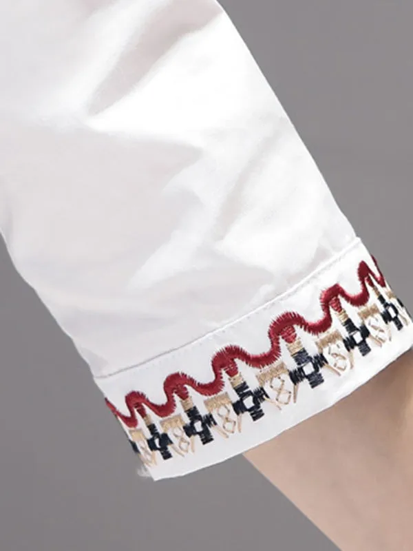 Loose Three-Quarter Sleeves Buttoned Embroidered Stand Collar Blouses&Shirts Tops