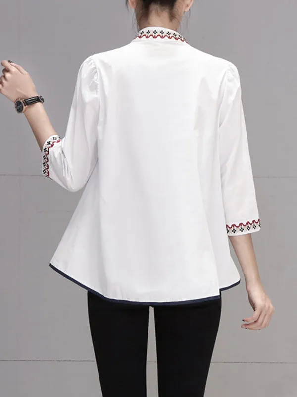 Loose Three-Quarter Sleeves Buttoned Embroidered Stand Collar Blouses&Shirts Tops