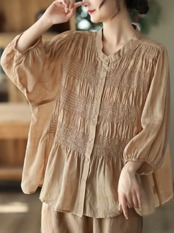 Loose Three-Quarter Sleeves Pleated Solid Color Split-Joint Stand Collar Blouses&Shirts Tops