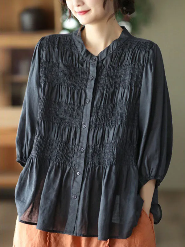 Loose Three-Quarter Sleeves Pleated Solid Color Split-Joint Stand Collar Blouses&Shirts Tops