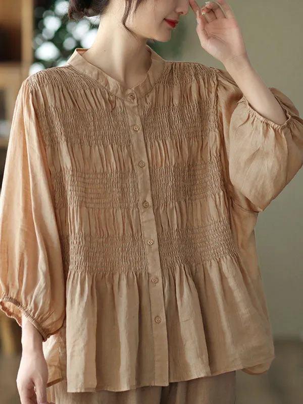 Loose Three-Quarter Sleeves Pleated Solid Color Split-Joint Stand Collar Blouses&Shirts Tops