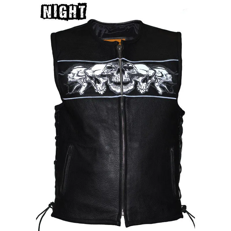 Mens Leather Vest With Reflective Skulls & Gun Pockets