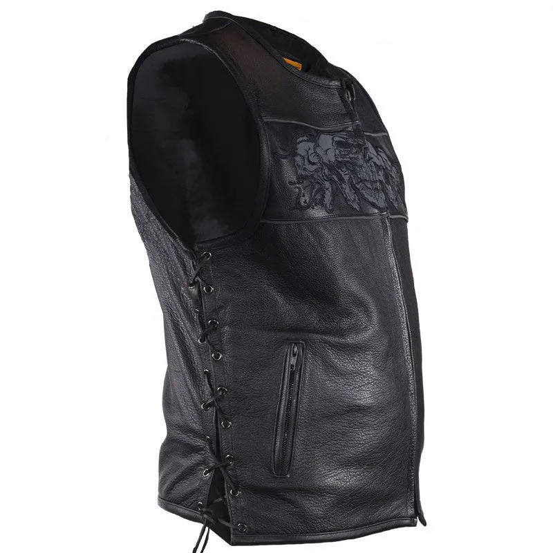 Mens Leather Vest With Reflective Skulls & Gun Pockets