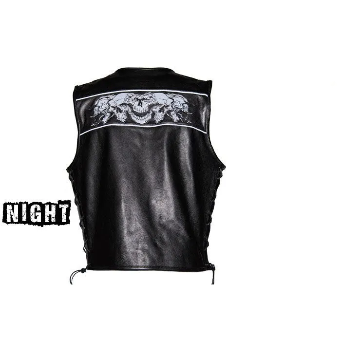 Mens Leather Vest With Reflective Skulls & Gun Pockets