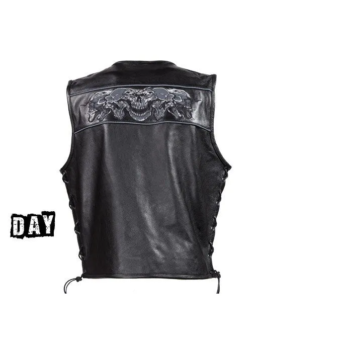 Mens Leather Vest With Reflective Skulls & Gun Pockets