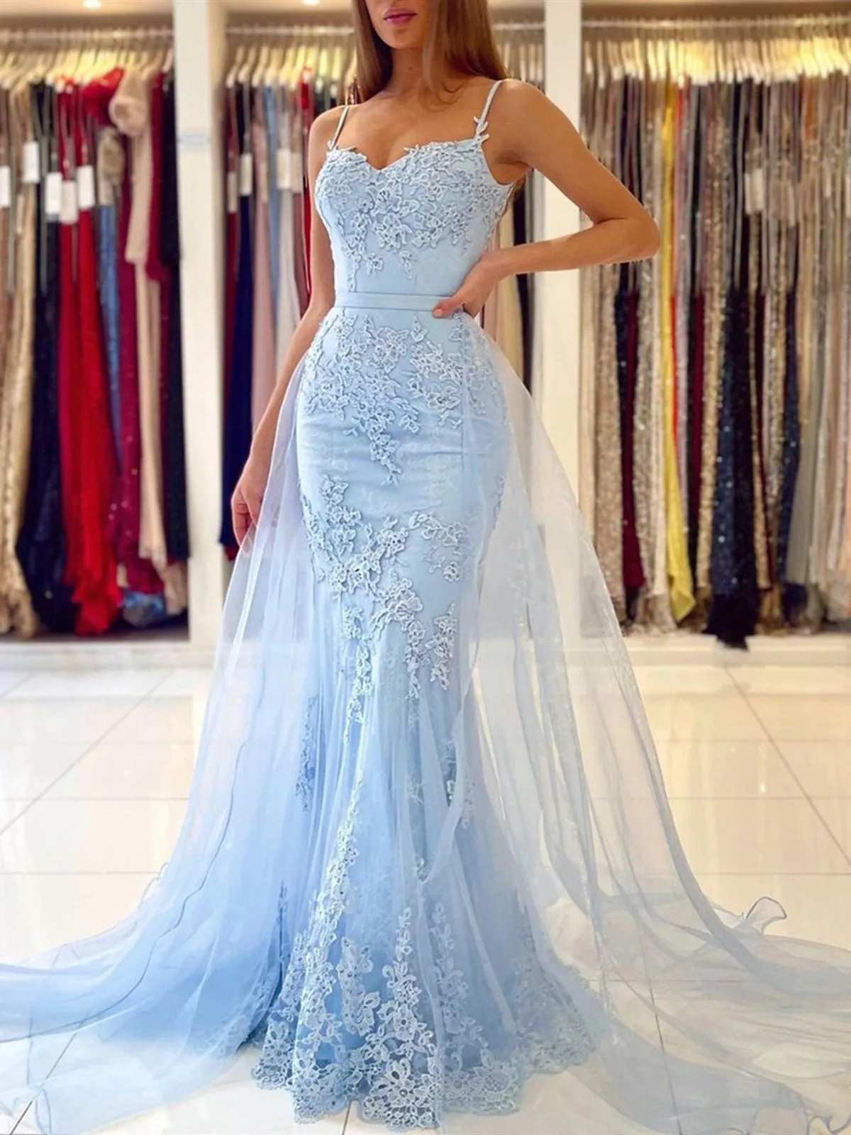 Mermaid Open Back Light Blue Lace Long Prom Wedding Dresses, Mermaid Blue Formal Dresses, Blue Lace Evening Dresses