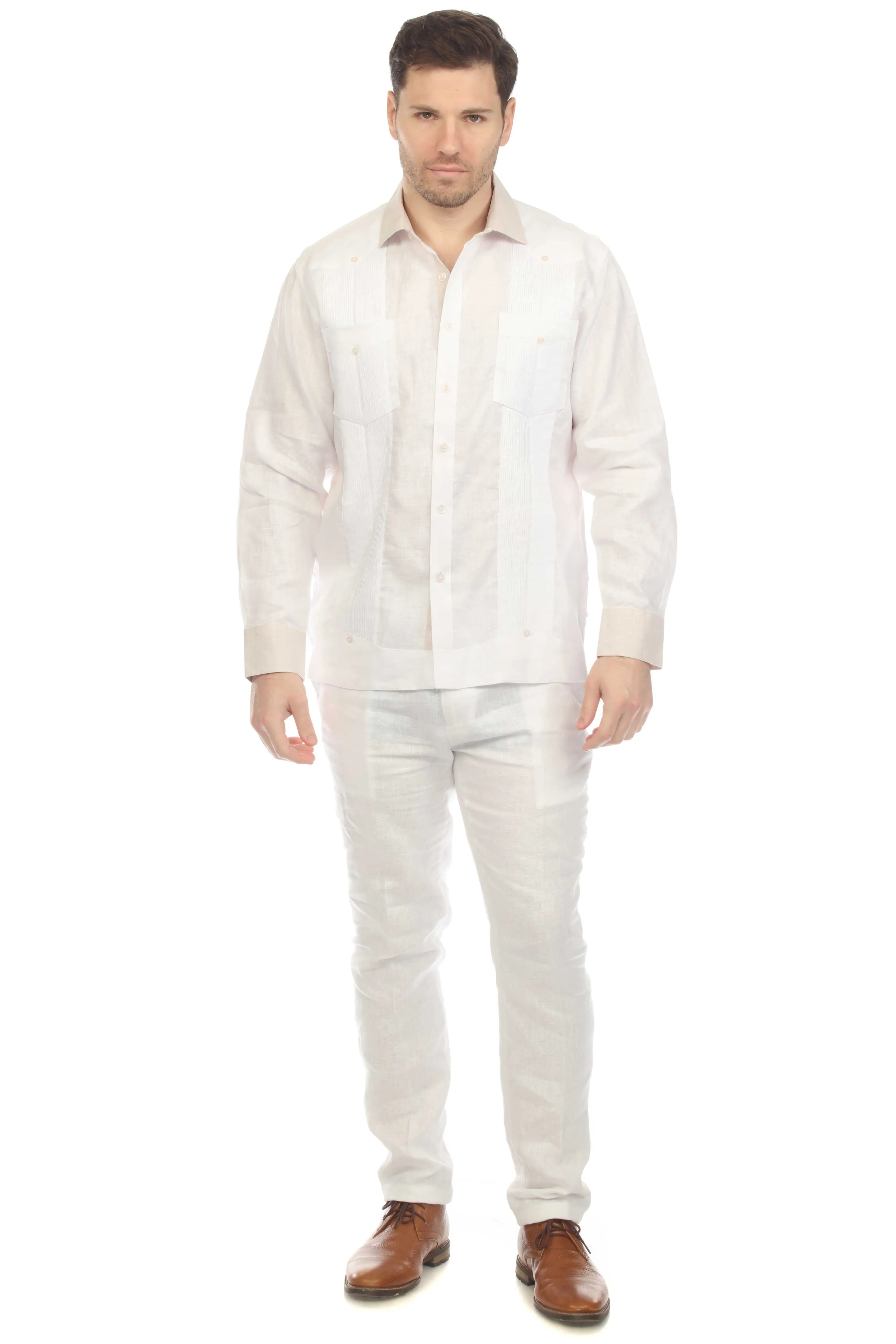 Mojito Men's 100% Linen Guayabera Chacabana Shirt Long Sleeve with Natural Contrast Color