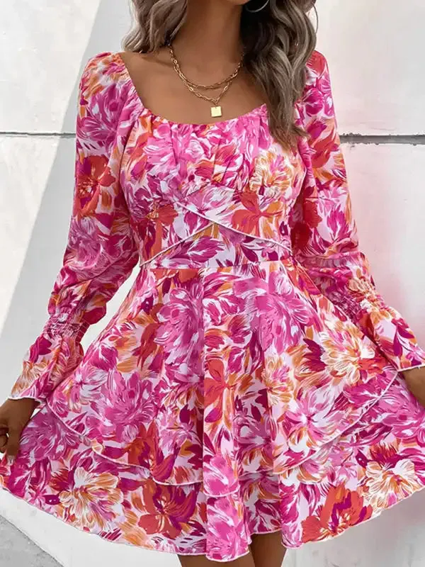 New square neck floral print ruffle short dress