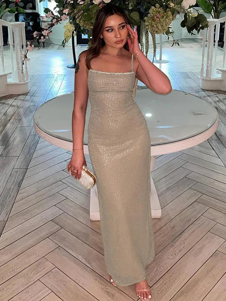 Nightclub Sequin Spaghetti Strap Summer Slim Bodycon Long Elegant Midi Dress