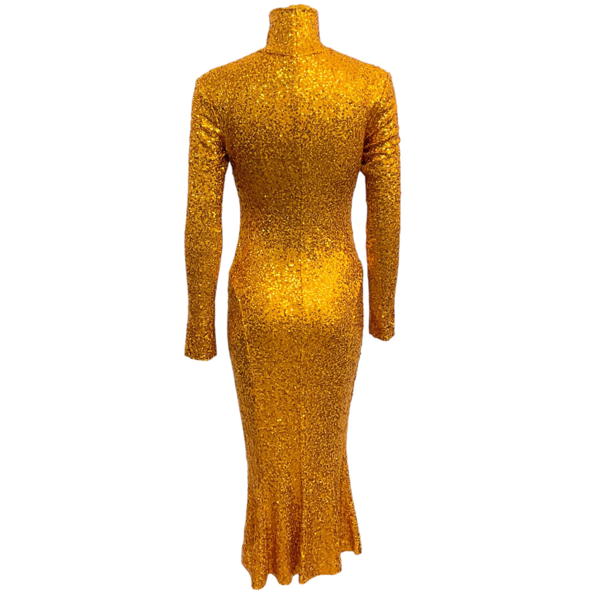 Norma Kamali Gold Sequined Mock Neck Trumpet Hem Dress