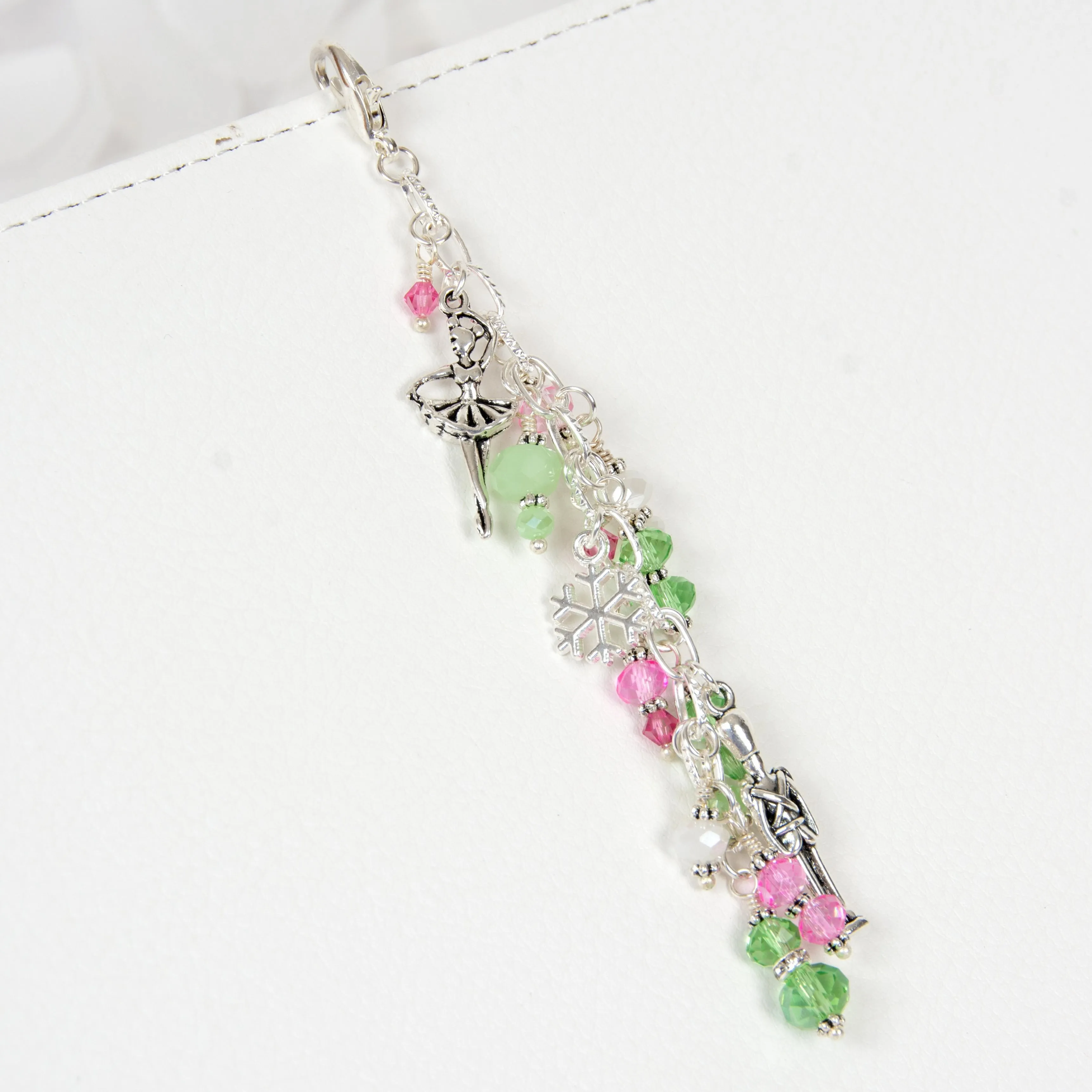 Nutcracker Ballet Planner Charm with Pink, Green and White Crystal Dangle