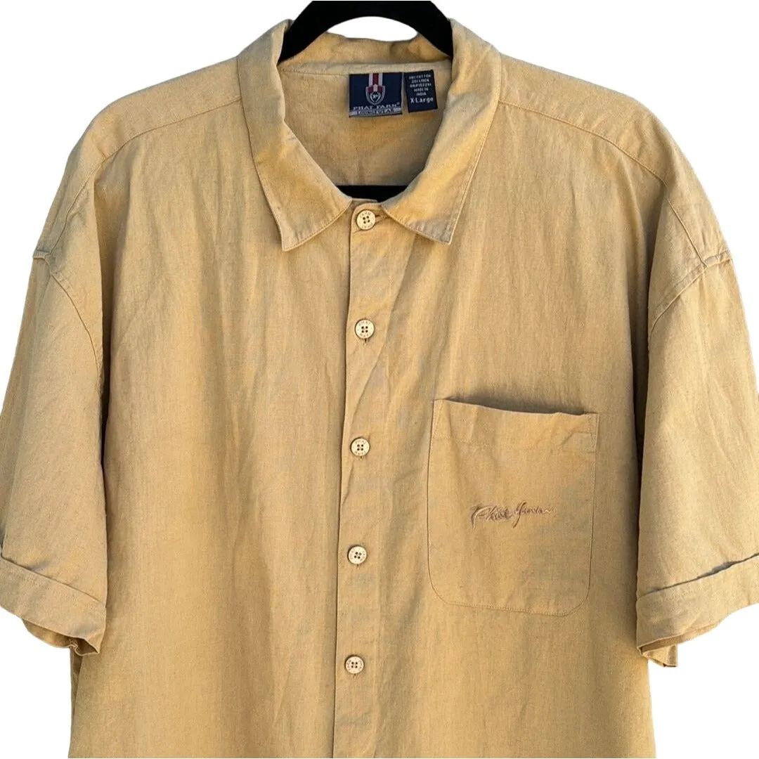 Phat Farm Vintage Men's Short Sleeve Button-Up Cotton Linen Blend Shirt Beige XL