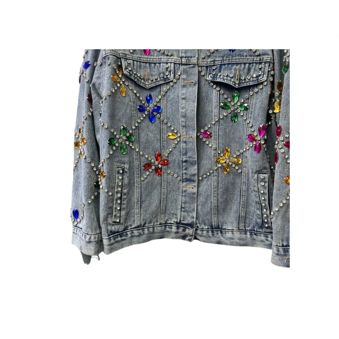 Pre Order: Nail Bead Inlaid Diamond Loose Denim Jacket